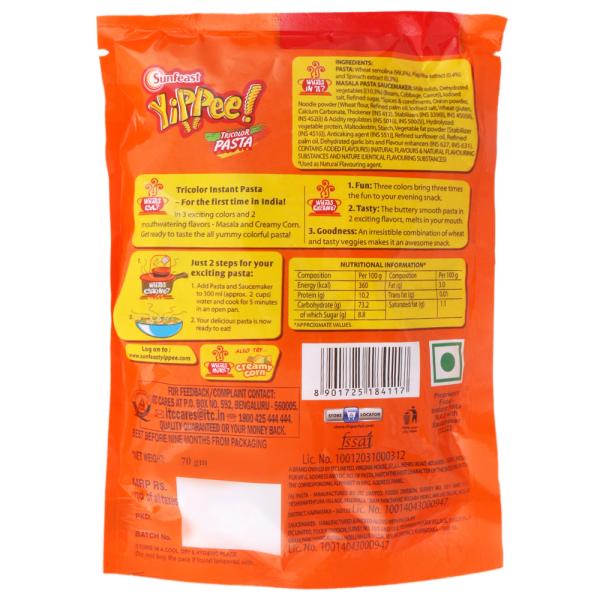Sunfeast Yippee Masala Instant Tricolor Pasta 70 g (Get +21 g extra) - Image 2