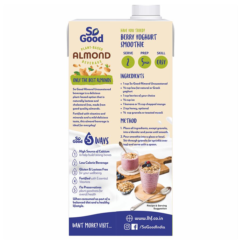 So Good Natural Unsweetened Almond Fresh Milk 1 L (Tetra Pak) - Image 2