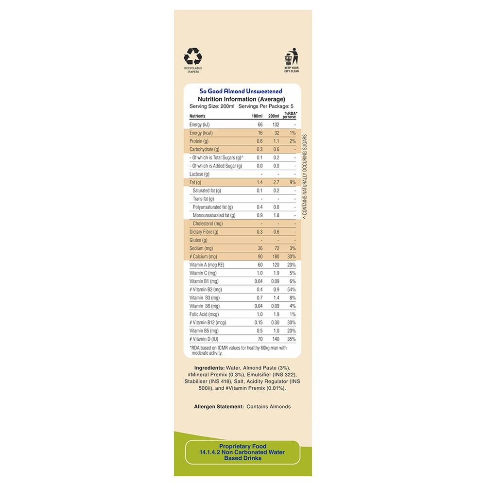 So Good Natural Unsweetened Almond Fresh Milk 1 L (Tetra Pak) - Image 3
