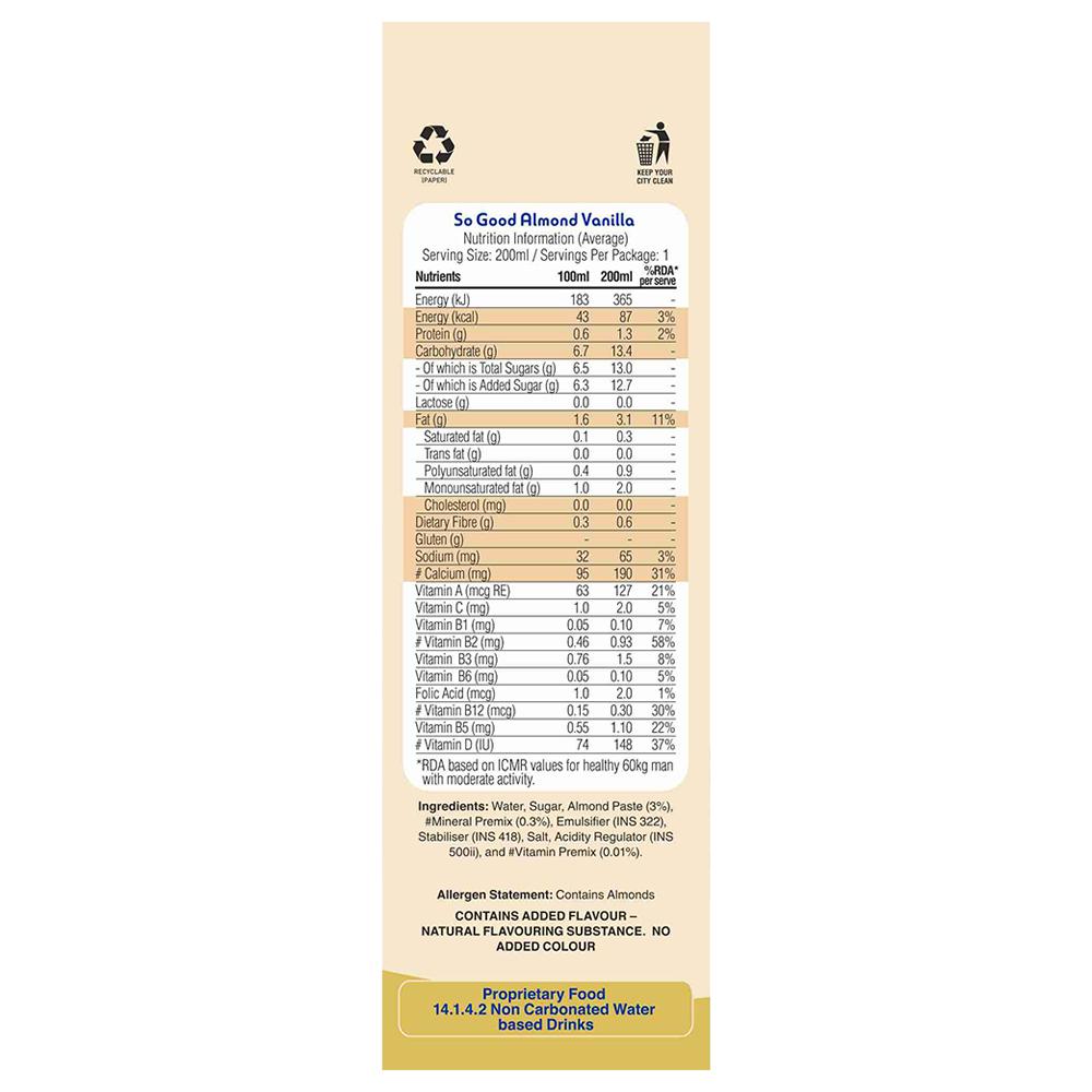 So Good Vanilla Flavoured Almond Fresh Milk 200 ml (Tetra Pak) - Image 3