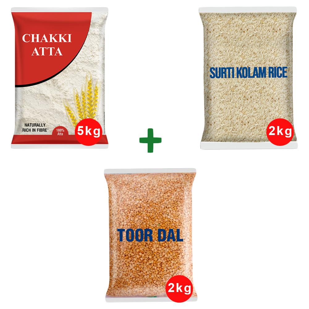 Atta Dal Rice Combo - Chakki Atta 5 kg + Toor Dal 2 kg + Surti Kolam Rice 2 kg - Image 4