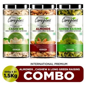 Coreganic 100% Natural Premium Dry Fruits Combo Almonds, Cashews & Raisins 500 g (Pack of 3)