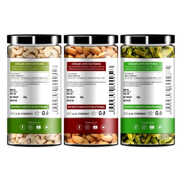 Coreganic 100% Natural Premium Dry Fruits Combo Almonds, Cashews & Raisins 500 g (Pack of 3) - Image 3