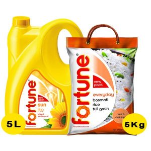 Fortune Sunlite Refined Sunflower Oil 5 L + Fortune Everyday Basmati Rice 5 kg (Combo Pack)