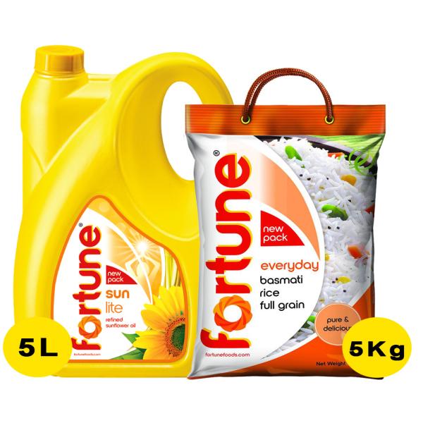 Fortune Sunlite Refined Sunflower Oil 5 L + Fortune Everyday Basmati Rice 5 kg (Combo Pack)