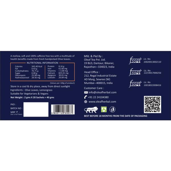 OLEAF Olive Leaf Lemongrass flavour Herbal Tea 20 Pcs - Image 4